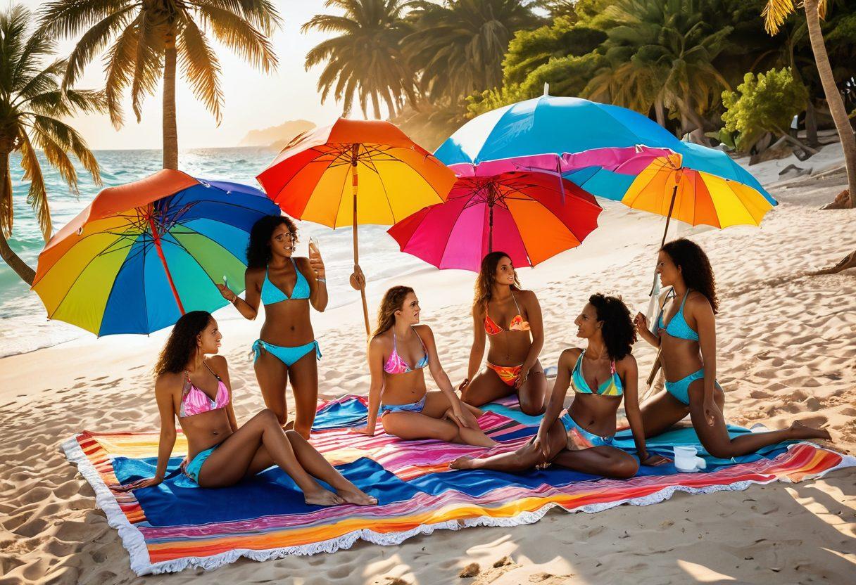 A vibrant beach scene in Texas with a diverse group of friends enjoying the sun and surf, wearing stylish bikinis under colorful umbrellas. Highlight different bikini insurance policies represented by colorful infographics displayed on beach towels. Include a stunning sunset and palm trees in the background, creating a warm and inviting atmosphere. playful and cheerful mood. super-realistic. vibrant colors.